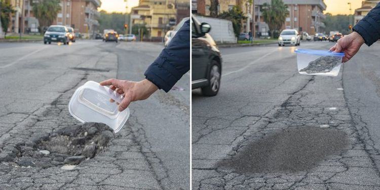 I cittadini di Latina raccolgono le buche, sui social impazza l’ironia