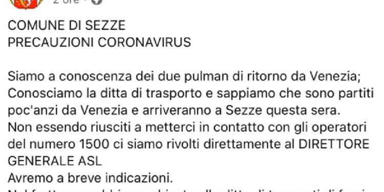 Coronavirus, due pullman di ritorno da Venezia: il Comune di Sezze avvia verifiche precauzionali