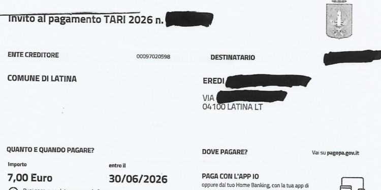 Il Comune di Latina invia agli eredi di un defunto la Tari per 19 giorni di vita nel 2026: 7 euro!