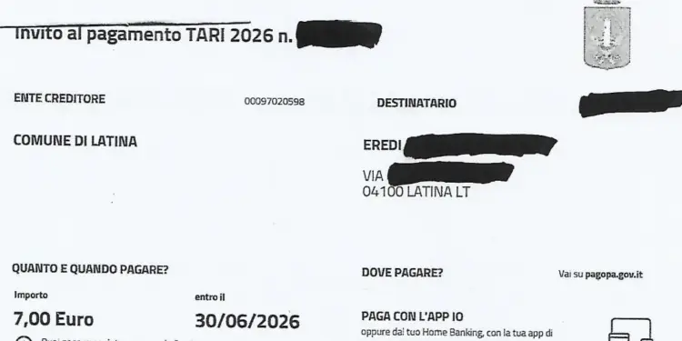 Il Comune di Latina invia agli eredi di un defunto la Tari per 19 giorni di vita nel 2026: 7 euro!
